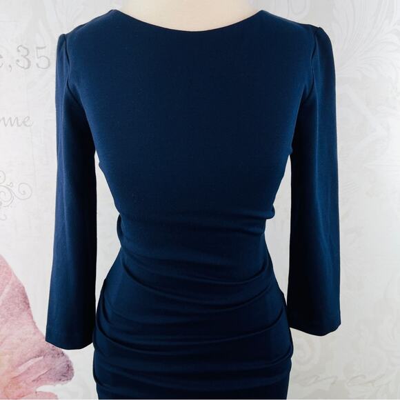 Nicole Miller Studio Navy Blue Sheath Ruched Knit Dress Size Small - Picture 2 of 14